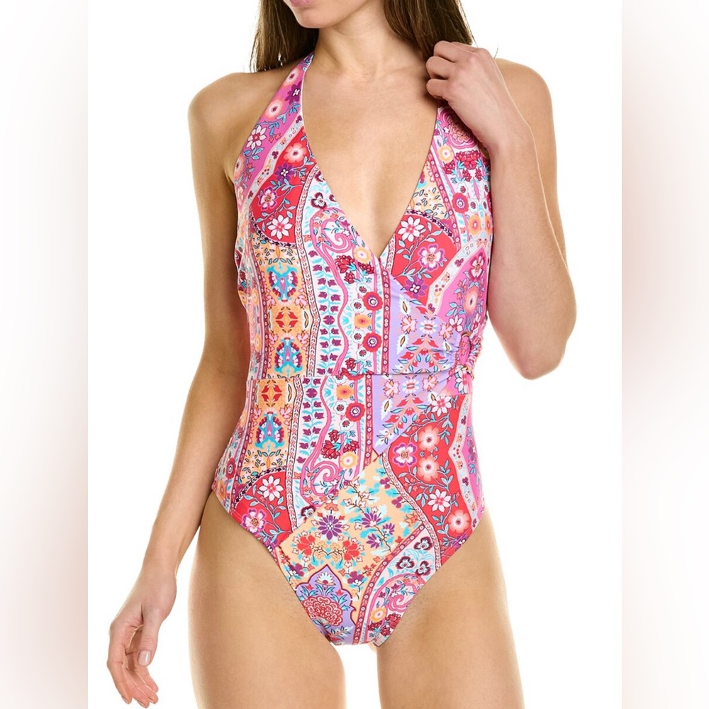 Nanette Lepore red topical one piece halter neck wrap front with O-ring Size 4